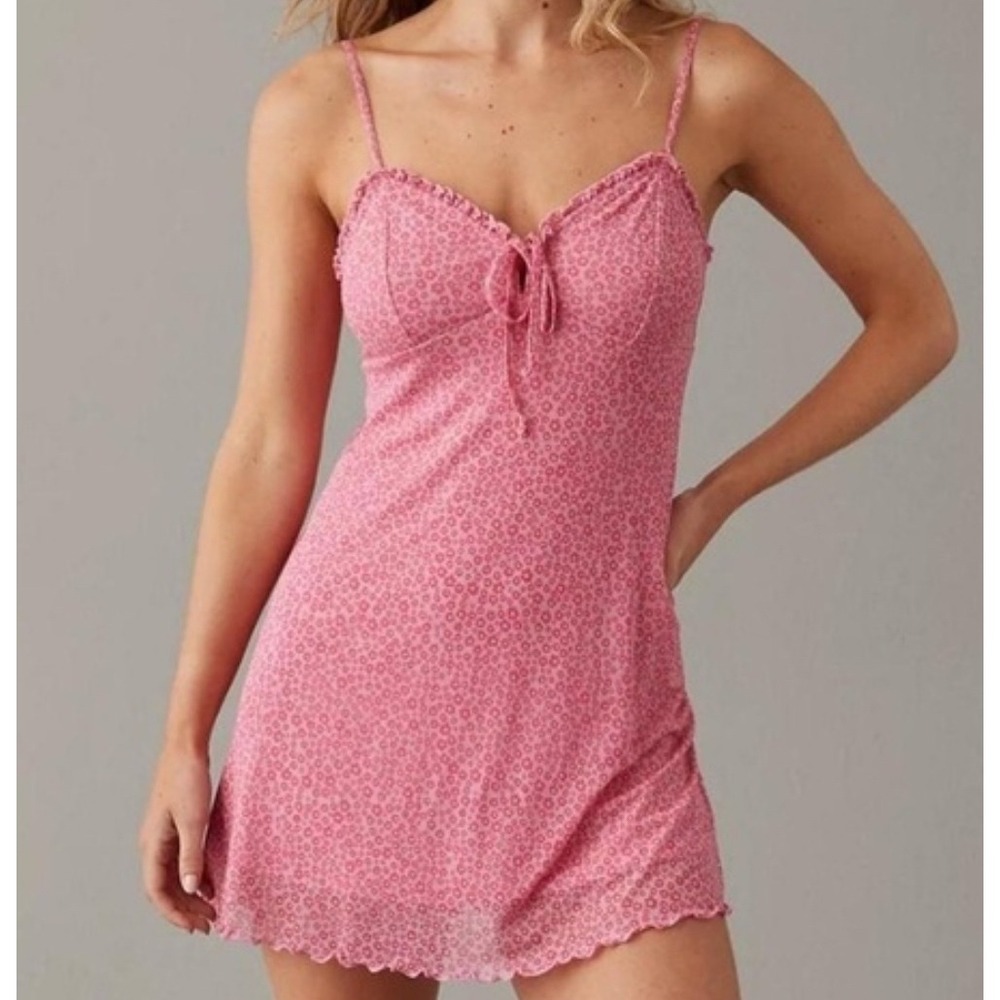 American Eagle Mini Dress Coquette S Pink Floral Mesh Lettuce Trim Soft Girl
